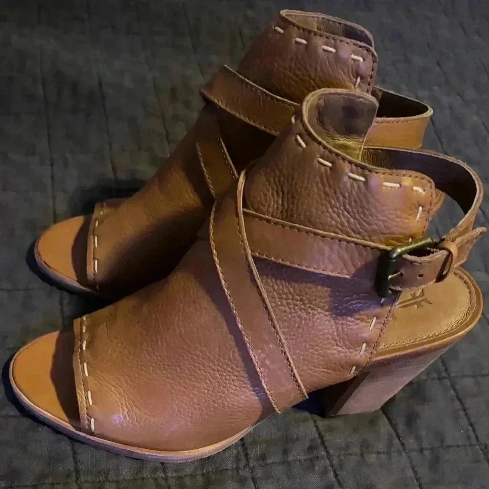 Frye Cognac Leather Whipstitch Open Toe Slingback Block Heel Booties Sandals